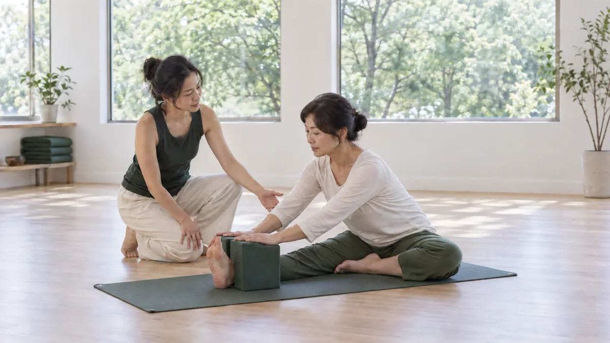 여성 수련자의 앉은 자세를 세심하게 안내하는 선생님을 표현한 이미지